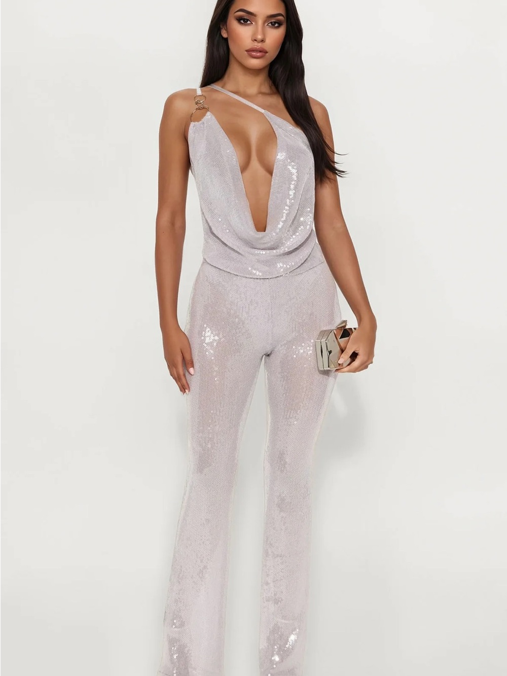 Fashion Nova Silver Sequin One-Shoulder Cowl Jumpsuit